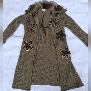 Olive Green Women's Sweater with Floral Accents